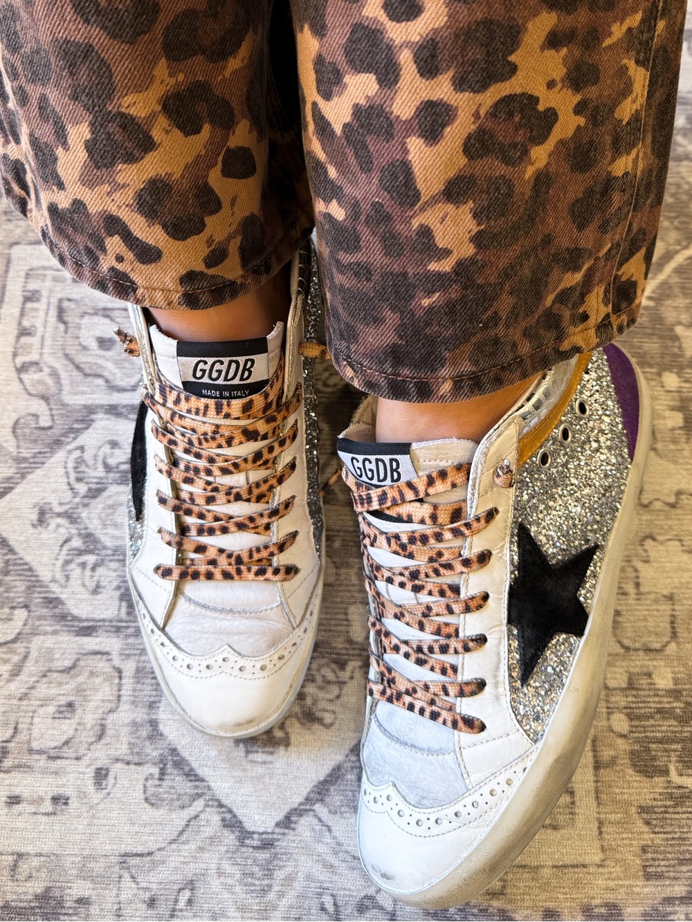 GOLDEN GOOSE Midstar SILVER GLITTER & Black Star LEOPARD LACES SNEAKERS 37/7